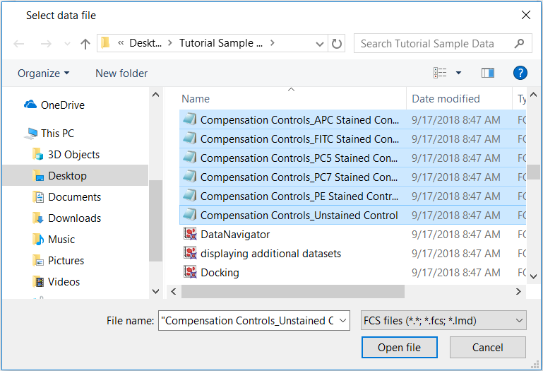 Figure T8.8 - Use the Select Data File window to select all of the files for use in the Automatic Compensation Setup.