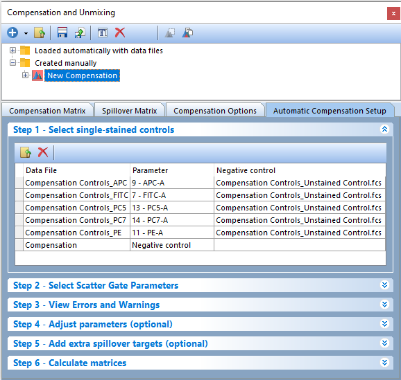 Figure T8.9  Files for controls have been added to Step 1 in the Automatic Compensation Setup and are matched automatically to their respective parameters.