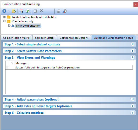 Figure T8.14  The View Errors and Warnings in Step 3 alert the user to any errors that prevented a new page for scatter parameters and a new page containing a positive control and negative control histogram for each individual stain.