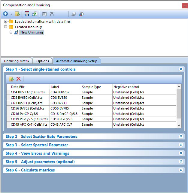 Figure T35.5  Step 1 -  Files for controls have been added to the Automatic Unmixing Setup and are matched automatically to their respective parameters.