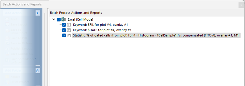 Figure T10.32  Batch Actions and Reports with Statistic % of Gated Cells to be Exported to Excel