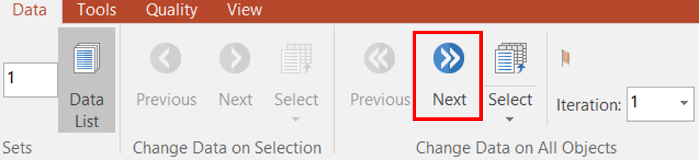 Figure T11.37  Change Data on All Objects Using Next from Ribbon