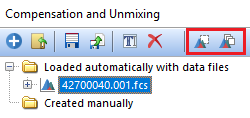 Figure 9.64 Compensation and Unmixing window menu to access options to apply selected compensation to selected or all plots (outlined in red) 