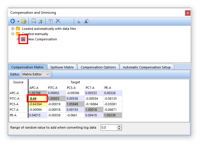 Figure 9.16. When a compensation value is manually adjusted, the compensation icon (red box at the top) becomes red highlighted, while the text value (red box at the bottom) becomes bold and underlined.