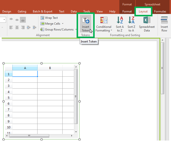 Figure T16.6  Insert Token from Spreadsheet Tab Group on Ribbon
