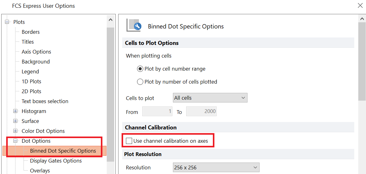 Figure T25.12 FCS Express User Options Dialog - Deselecting "Use channel calibration on axes" for 2D Dot Plots 