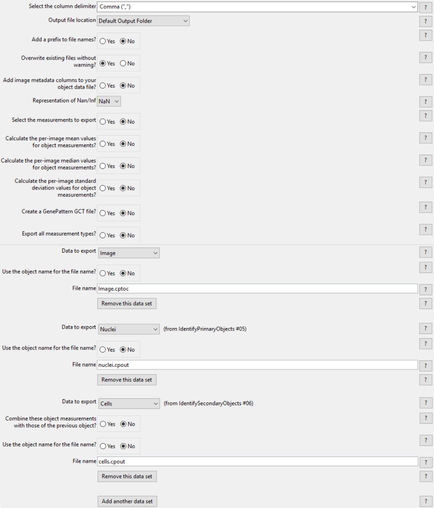 Figure T26.5  ExportToSpreadsheet Module Set Up to Export Image.cptoc, nuclei.cpout, and cells.cpout