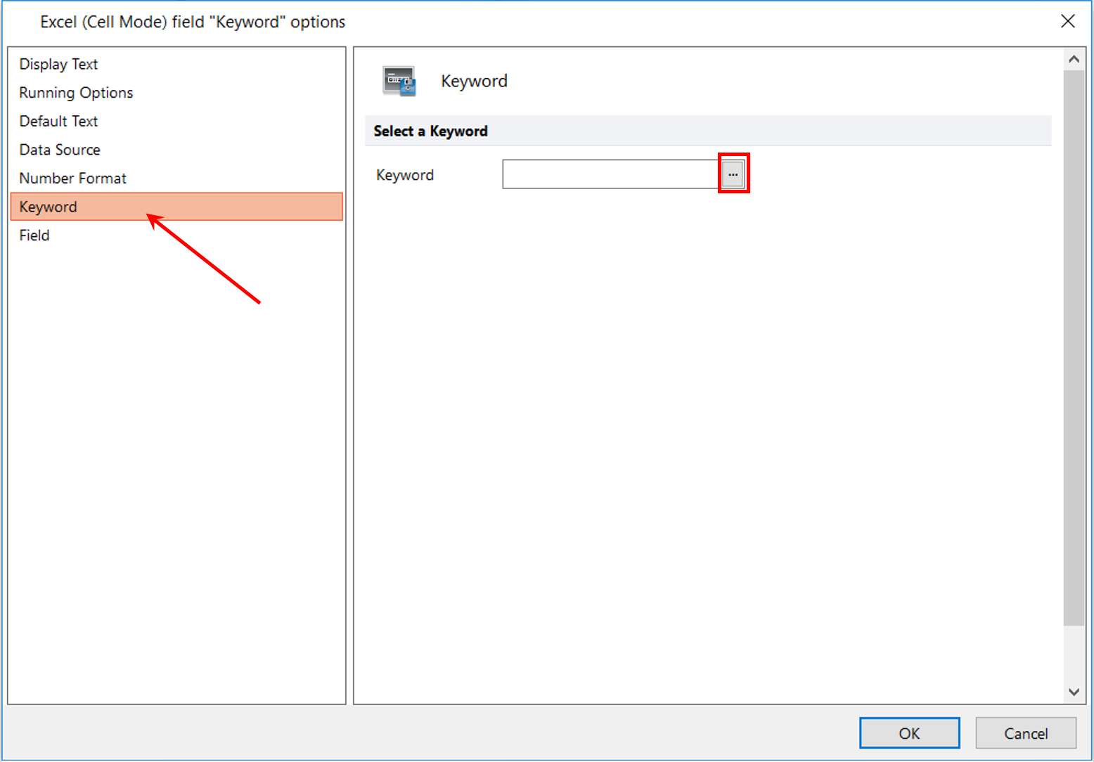Figure T10.20  Excel (Cell Mode) field "Keyword" options Dialog - Keyword Category