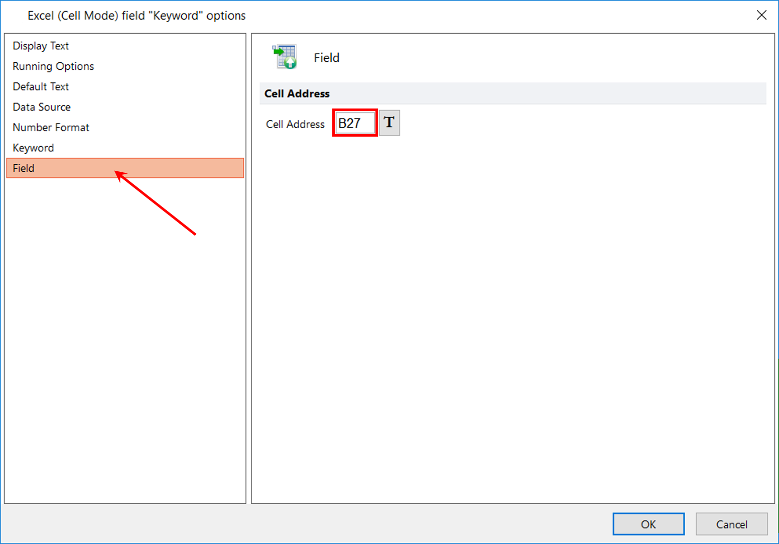 Figure T10.22  Defining Cell Address for the Filename Keyword in the Excel Report