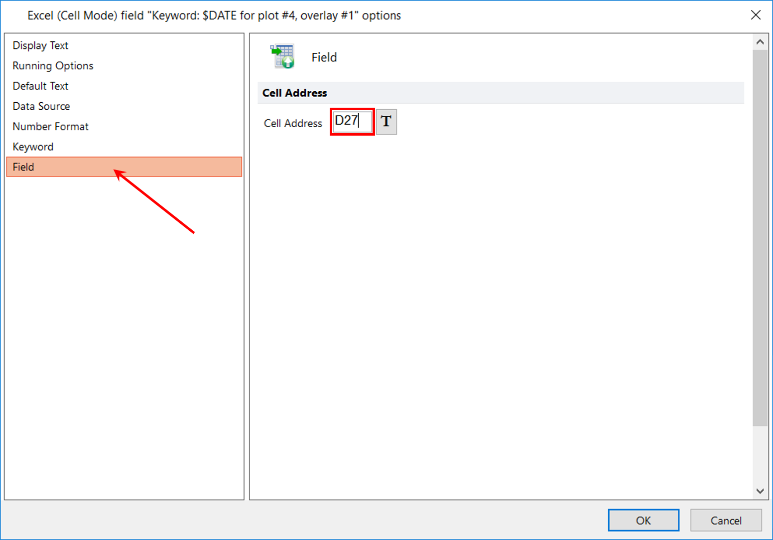 Figure T10.28  Defining Cell Address for $DATE Keyword Excel (Cell Mode) Report