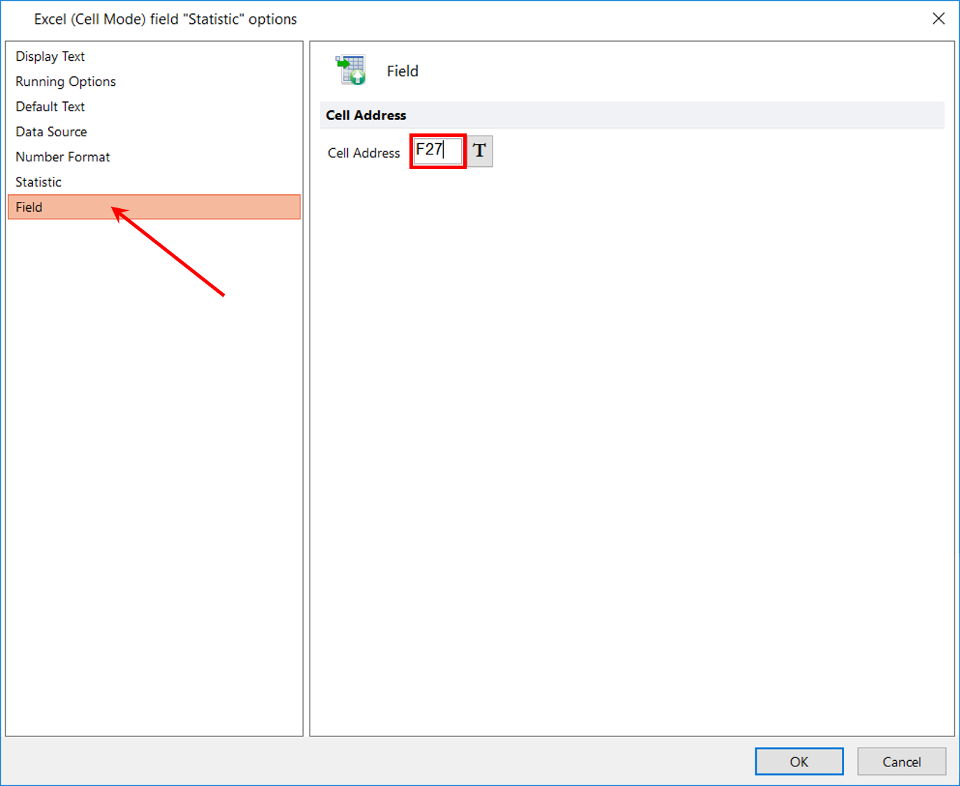 Figure T10.31  Defining Cell Address of Statistic for Excel (Cell Mode) Report