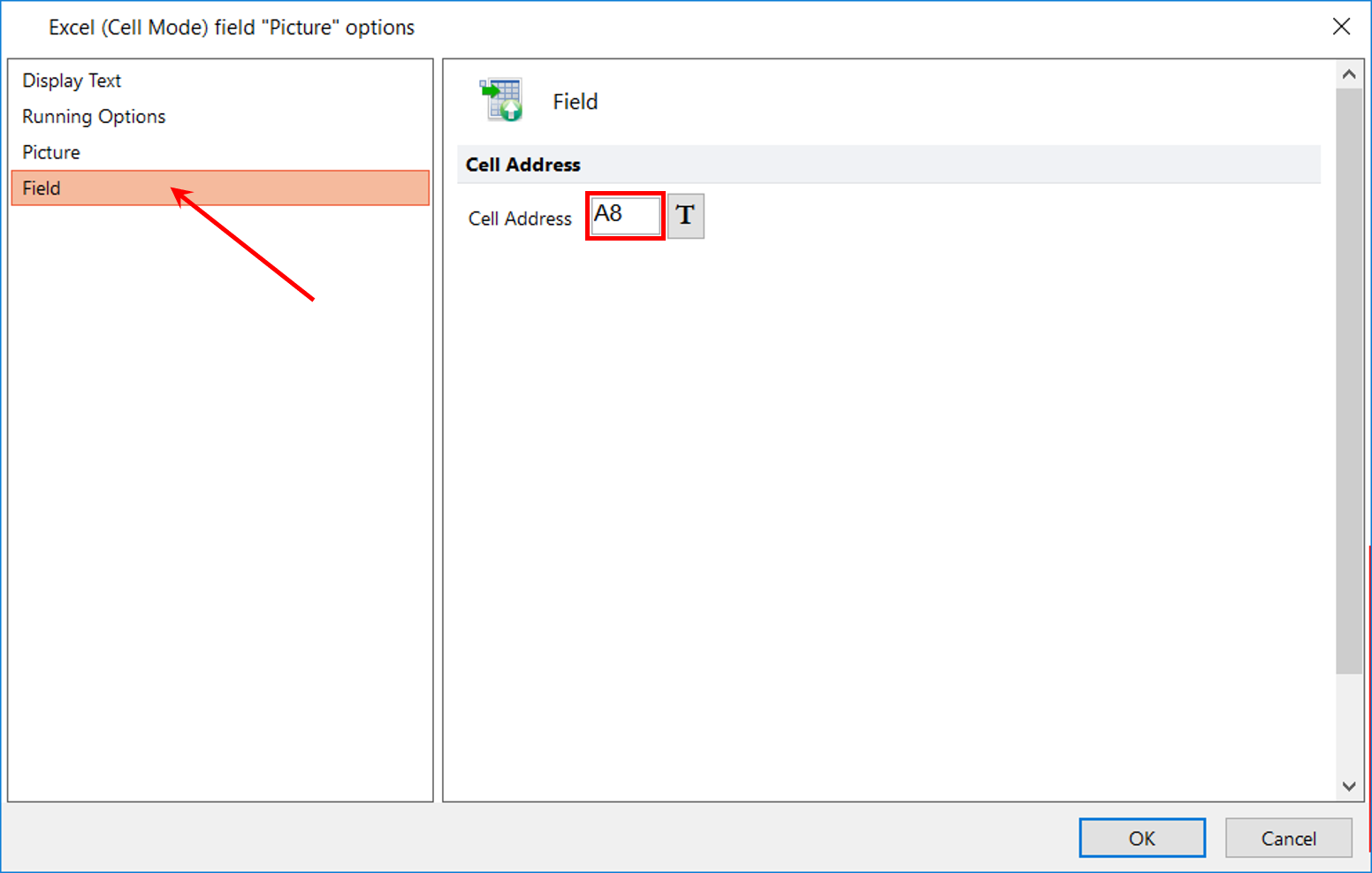 Figure T10.34  Defining Cell Address for Picture of Excel (Cell Mode) Report