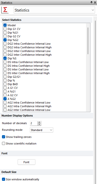 Figure T21.16  Formatting Stats Options Dialog for DNA Model Summary Statistics