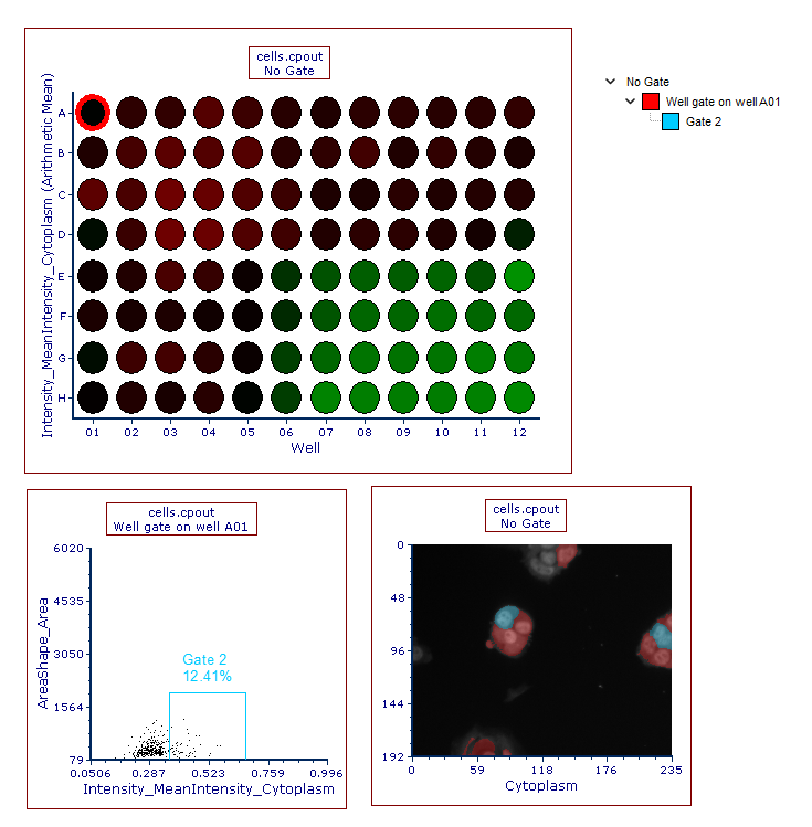 Figure T26.13  Plate Heat Map from CellProfiler Data with Corresponding Dot and Picture Plots