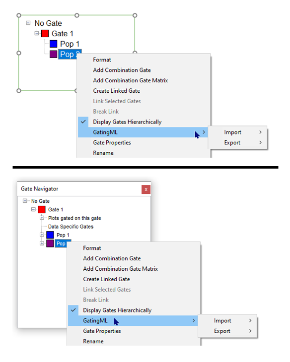 Figure 7.42. Accessing the GatingML Import and Export Options from the Gate View (top) or Gate Navigator (bottom) windows.
