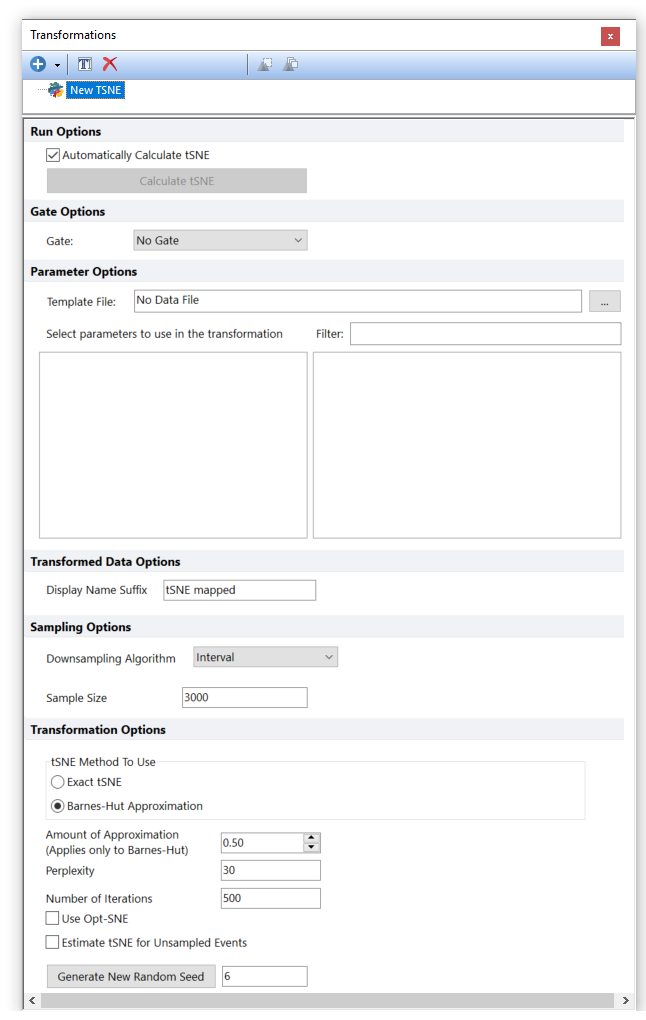 Figure 9.138 - The tSNE dialog opens when a new tSNE transformation is created.