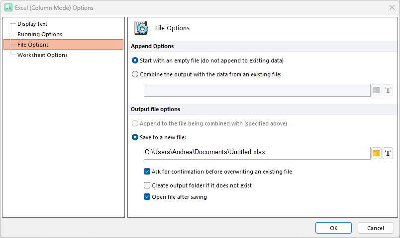 Figure 8.36  Excel (Column Mode) File Options