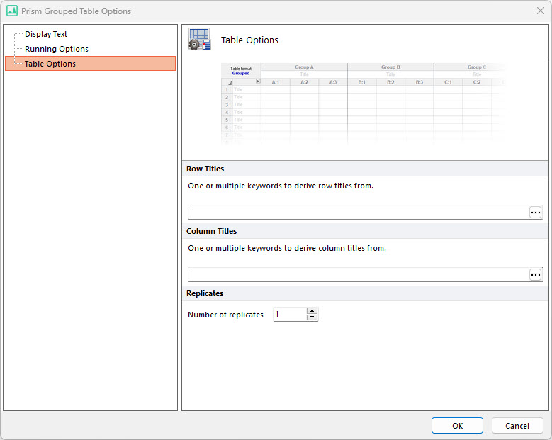 Figure 8.33 Prism Grouped Table Options