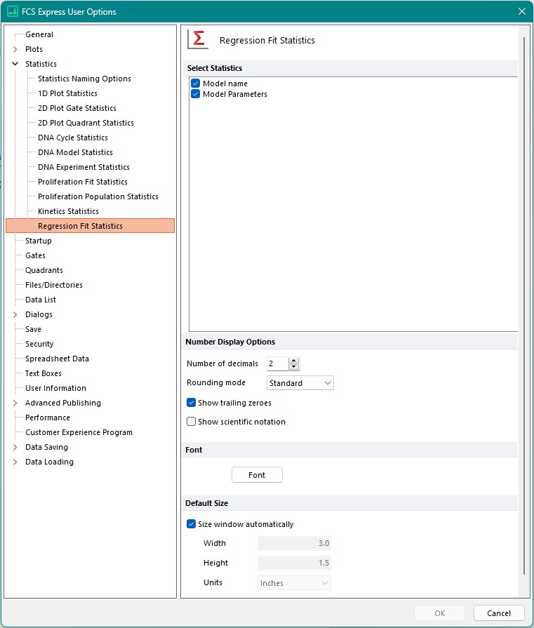 Regression Fit Statistics Options