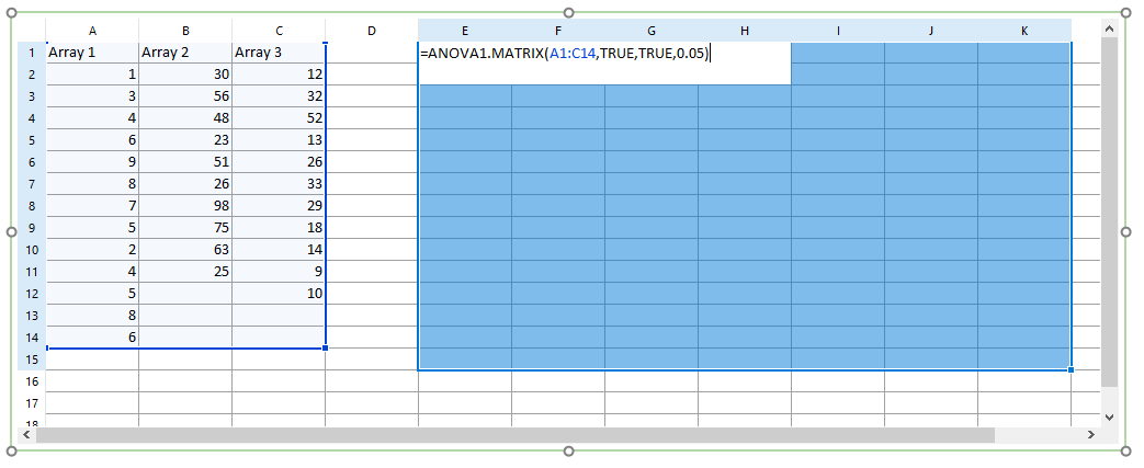 Figure 5.215  - ANOVA1.MATRIX formula with arguments defined. 