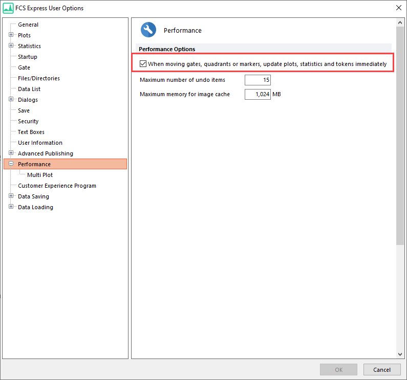 Figure 7.5 The option to enable or disable "real time gating" is controlled by the When moving gates, quadrants and markers, update plots, statistics and tokens immediately check box. 