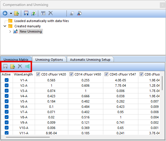 Figure 9.5.The unmixing dialog. Tabs to view the Unmixing Matrix, Unmixing Options, and Automatic Unmixing Setup are presented to the user. 