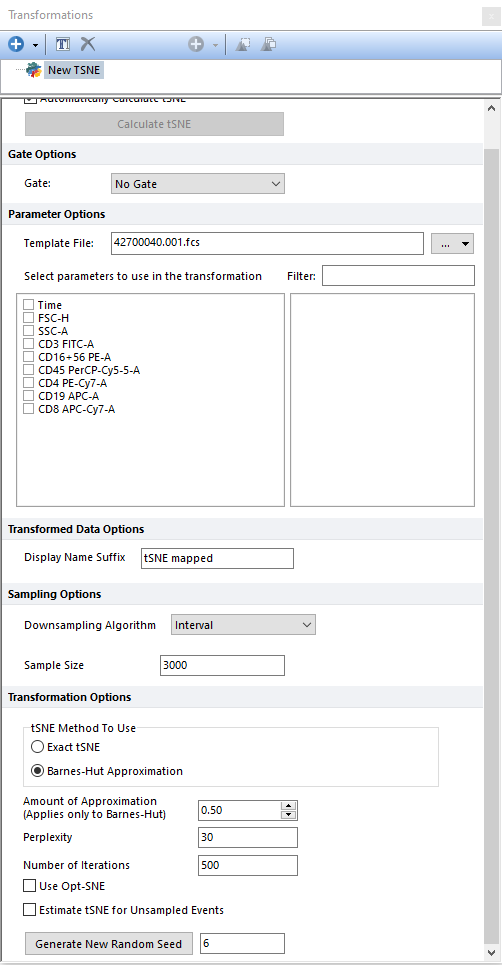 Figure 9.139 When a template file is selected, the possible parameters to perform a tSNE transformation are automatically listed in the tSNE dialog.