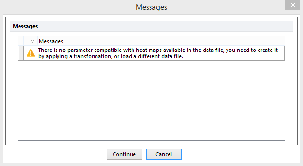 Figure 9.158 Warning message when inserting a heat map for data sets not derived from a plate based data file. 