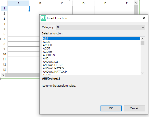 Figure 5.195.  Right clicking within a cell and select Insert Formula will open an Insert Function window that will display short descriptions for each function when highlighted.