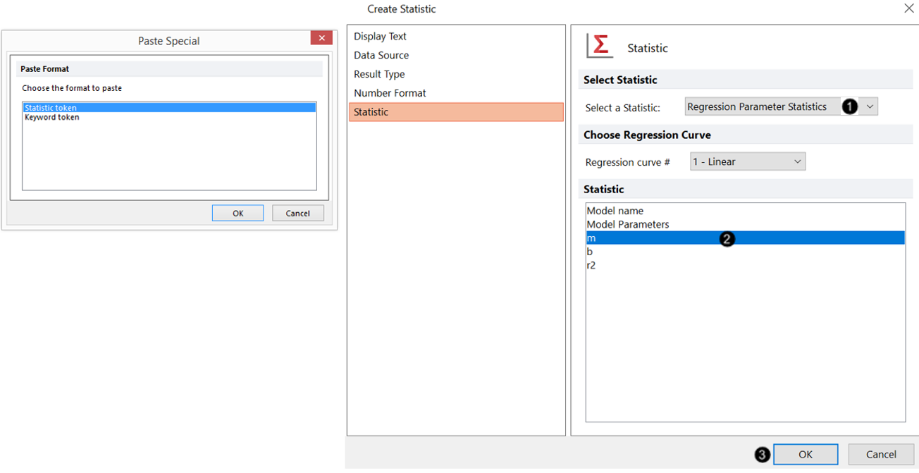 Figure 18.15  Inserting a Regression Parameter Token as a Component of the Linear Regression Fit Custom Token