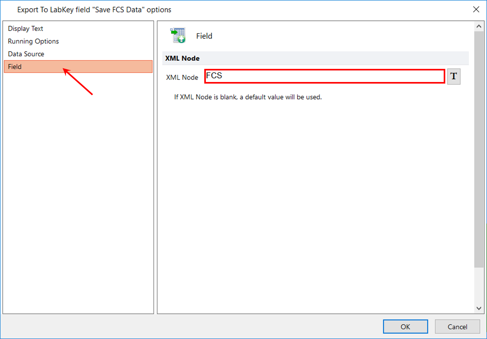 Figure T10.58  Entering text into the XML Node Field for FCS File