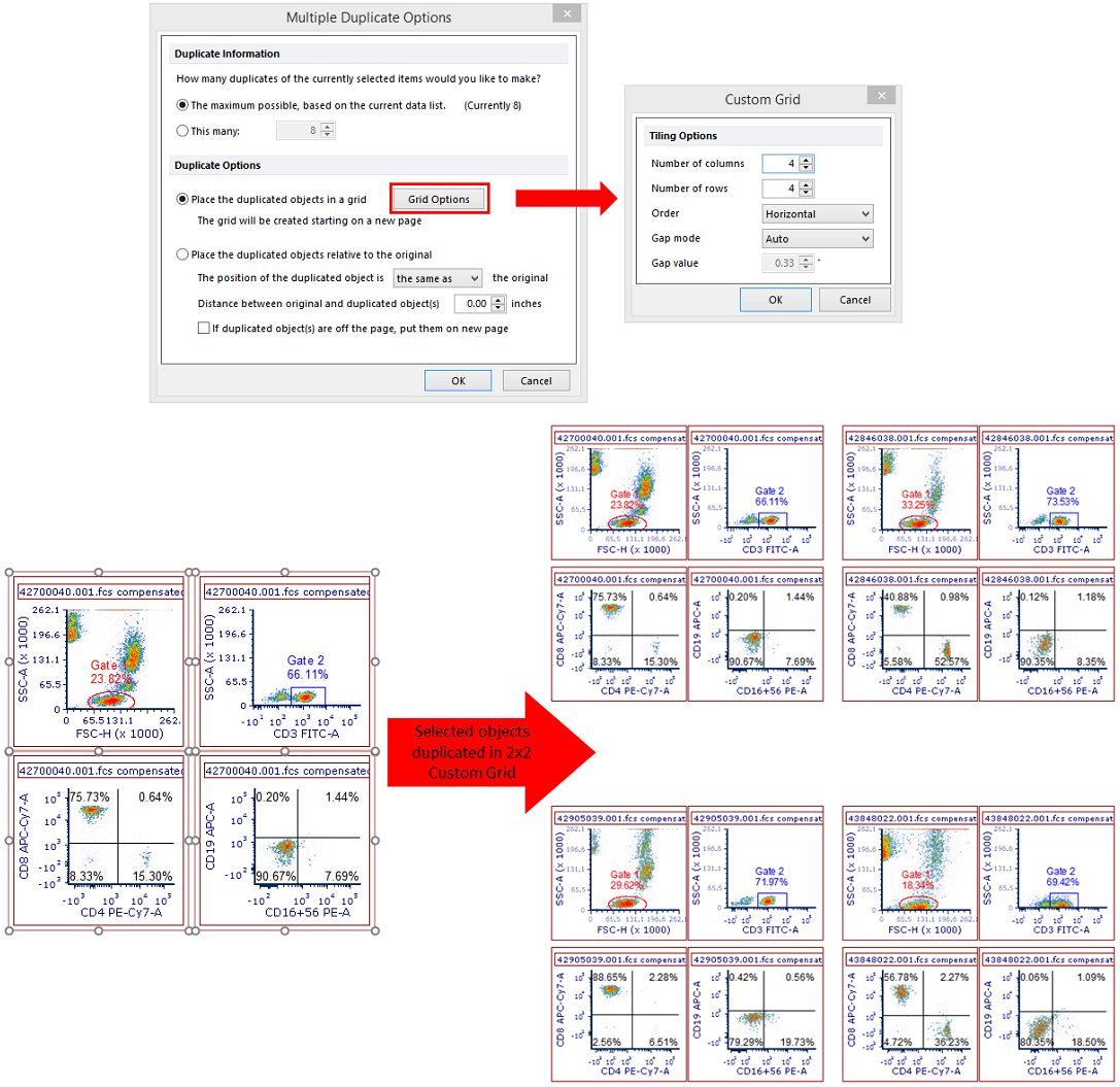 Figure 3.16 Multiple Duplicate Options (top), including Custom Grid Tiling Options (top right), and an example of selected objects Multiple Duplicated with the pictured options (bottom).