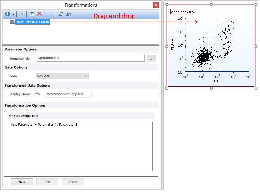 Figure 9.82 - Applying parameter math to a plot by dragging from the Transformations navigator to the plot (red arrow).