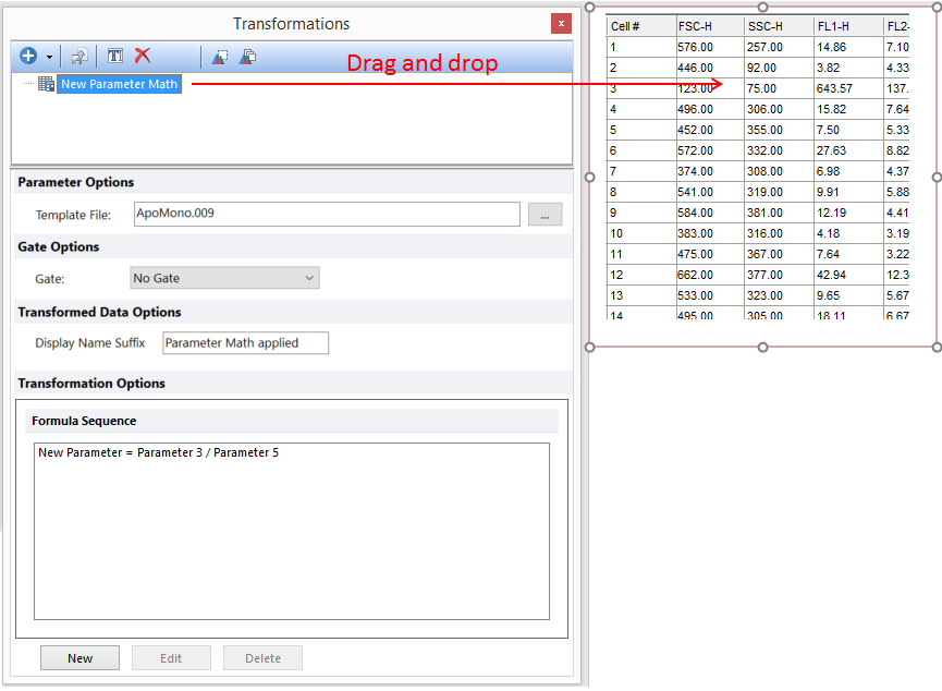 Figure 9.86 - Applying parameter math to a plot by dragging from the Transformations navigator to the data grid (red arrow).