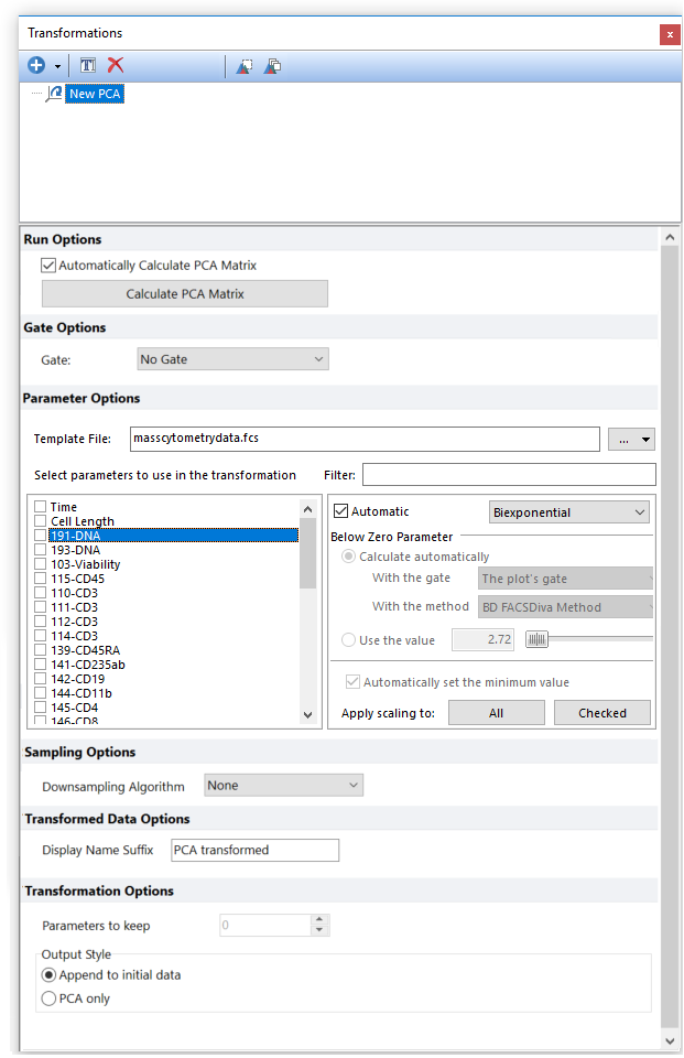 Figure 9.91 A template file has been chosen which subsequently populates the list of possible parameters to perform a PCA transformation.