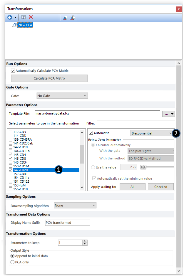Figure 9.92 Parameters for the PCA transformation are selected by checking the boxes next to the parameter names.