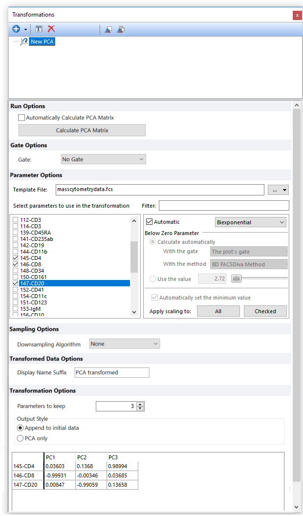 Figure 9.95 Once the Calculate PCA Matrix button is pressed the matrix will be calculated and shown in the dialog.
