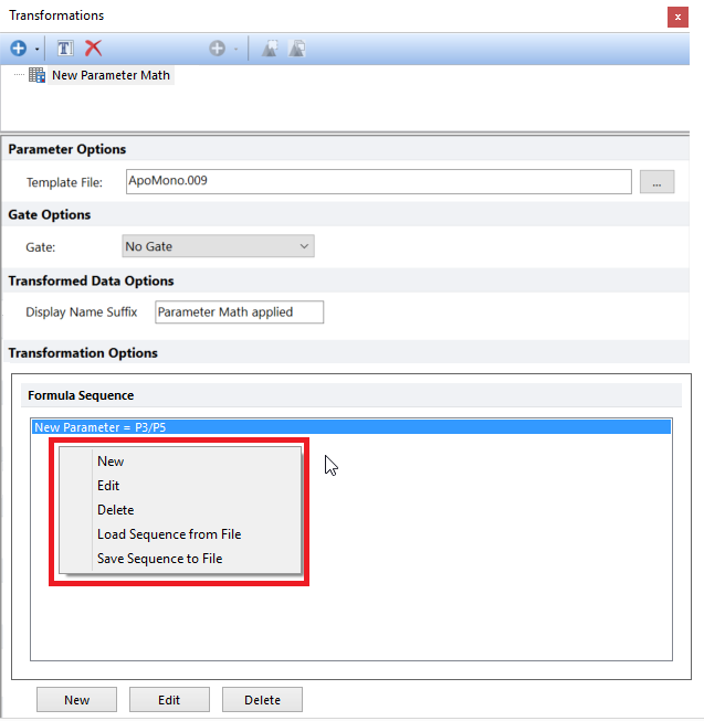 Figure 9.80 - Right-click menu for Formula Sequence box of Parameter Math in Transformations dialog