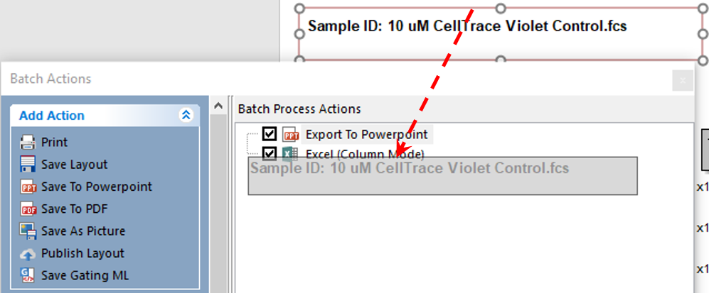 Figure T22.24  Dragging and Dropping Text Box with Sample ID to Excel (Column Mode) Batch Action
