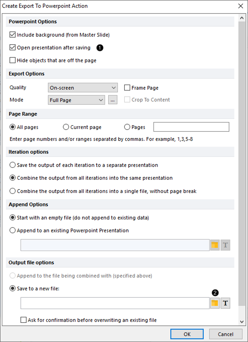 Figure T22.23  Editing the Options for Create Export to Powerpoint Action 