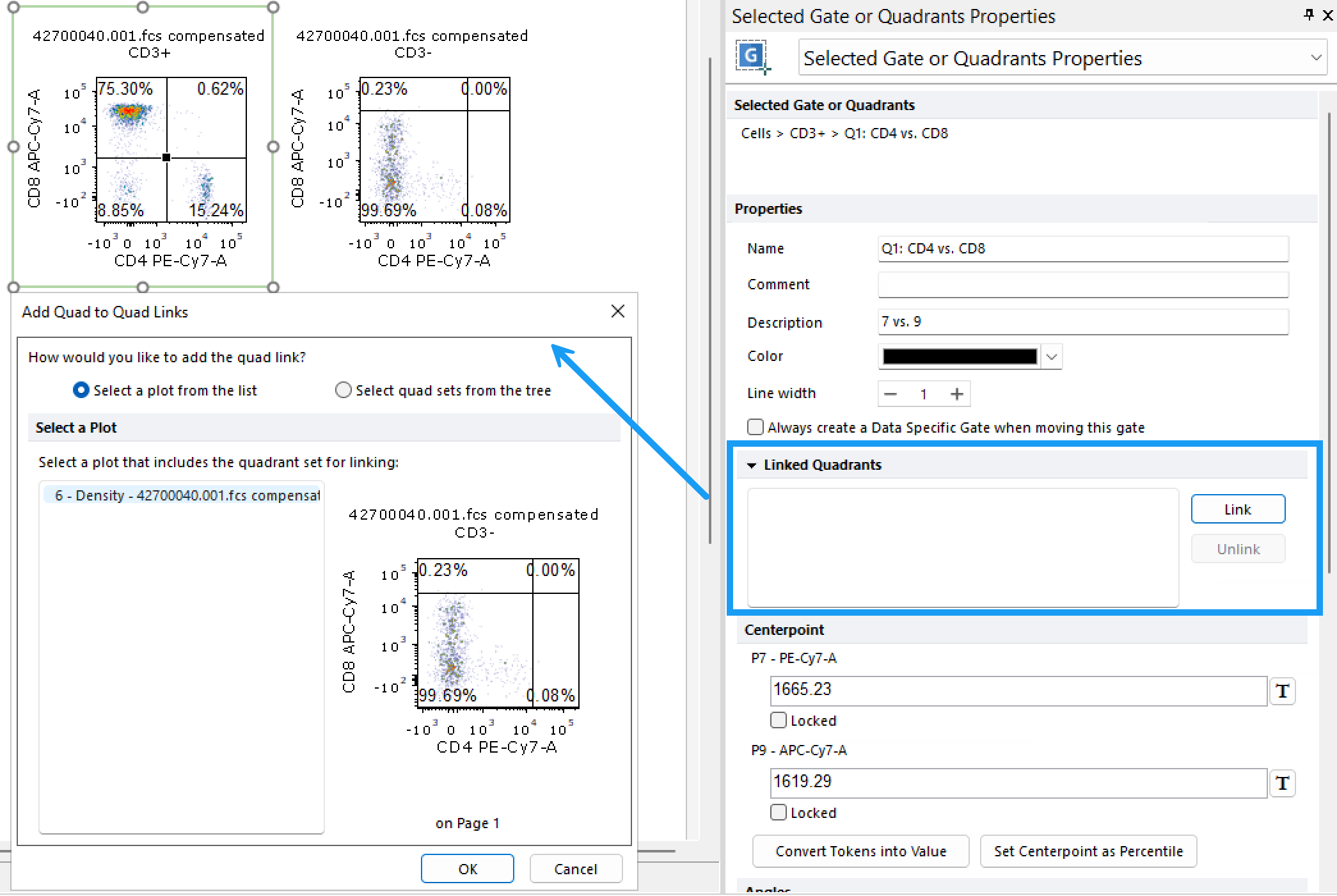 Figure 7.57 Creating a Linked Quadrant Using The Selected Gate or Quadrant Properties. Figure 7.57 Creating a Linked Quadrant Using The Selected Gate or Quadrant Properties.