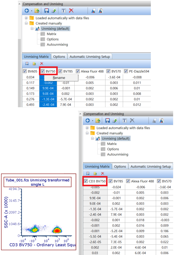 (Figure 9.6) Renaming the endmember in the Unmixing Matrix. The BV750 endmember (top red highlighting) was renamed to CD3 BV750 (bottom)  Plots will update changes and reflect the new endmember on the axis.