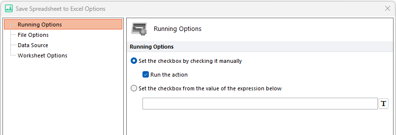 Figure 8.20 Save Spreadsheet to Excel Running Options