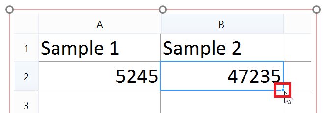 Figure 12.46- Clicking and holding on the blue square on the bottom right of the cell allows you to drag the cell value out of the spreadsheet to insert it as a Cell Value Token in a text box or batch action.