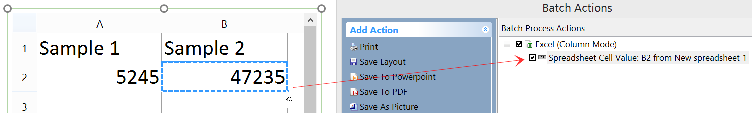 Figure 12.47 - Dragging and dropping a Spreadsheet Cell Value token to an Excel (Column Mode) action.