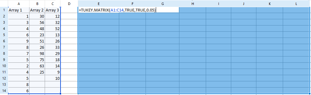 Figure 5.219 - Example of TUKEY.MATRIX formula with multiple arguments.