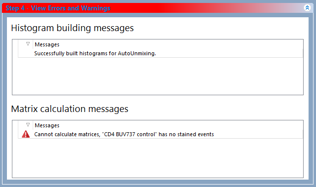 Figure 9.38 Step 4 displaying an error in the "Matrix calcualtion messages" section.